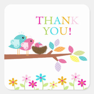 Schattige roze vogelnest dank u Baby shower vierka Vierkante Sticker
