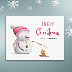 Schattige Roze Vrolijk Kerstmis Sneeuwman Marshmal Briefkaart