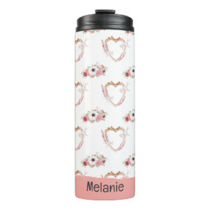 Schattige Roze Wit Bloemen Hart Patroon Thermosbeker