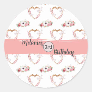 Schattige Roze Wit Bloemen Hart Patroon Verjaardag Ronde Sticker