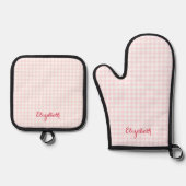 Schattige roze wit geruit retro rustiek monogram ovenwant & pannenlap set (Voorkant)