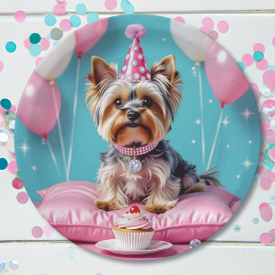 Schattige Roze Yorkie Verjaardag Papieren Bordje