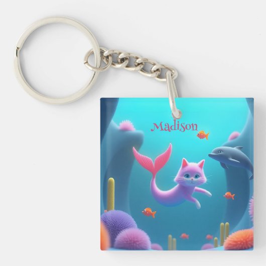Schattige Roze Zeemeermin Kitten Sleutelhanger (Voorkant)
