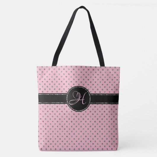 Schattige Roze Zilveren Glitter Polka Dot Monogram Draagtas (Voorkant)