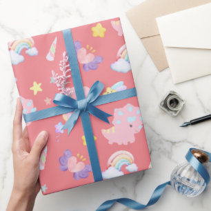 Schattige roze zoet dinosaurus regenboog pastel Pa Cadeaupapier
