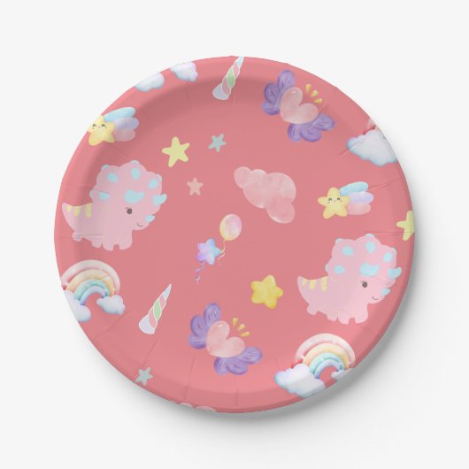 Schattige roze zoet dinosaurus regenboog pastel Pa Papieren Bordje (Voorkant)