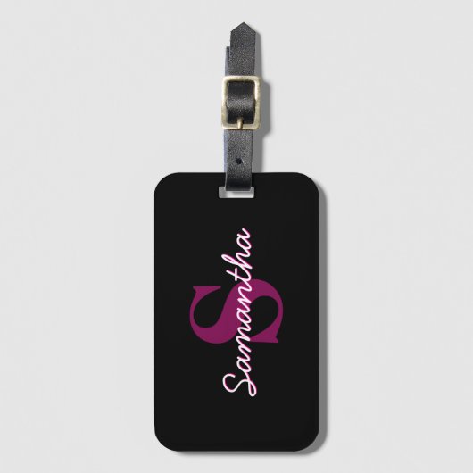 Schattige Roze & Zwart Monogram Script Bagagelabel (Voorkant (verticaal))