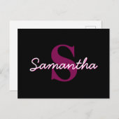 Schattige  Roze & Zwart Monogram Script Briefkaart (Voorkant / Achterkant)