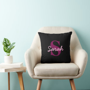 Schattige Roze & Zwart Monogram Script Kussen