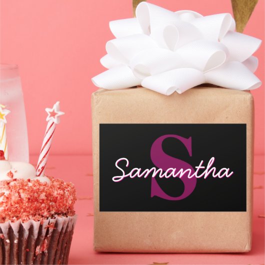 Schattige  Roze & Zwart Monogram Script Rechthoekige Sticker (Feest)