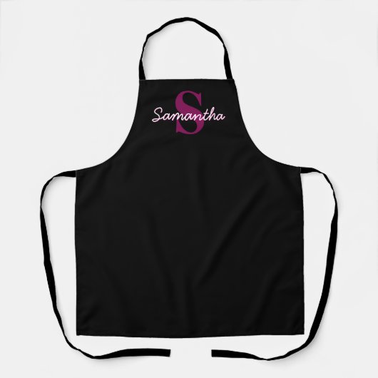 Schattige Roze & Zwart Monogram Script Schort (Voorkant)