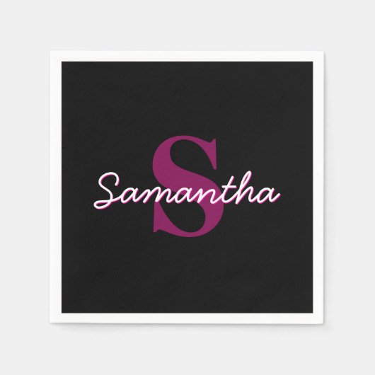 Schattige Roze & Zwart Monogram Script Servet (Voorkant)