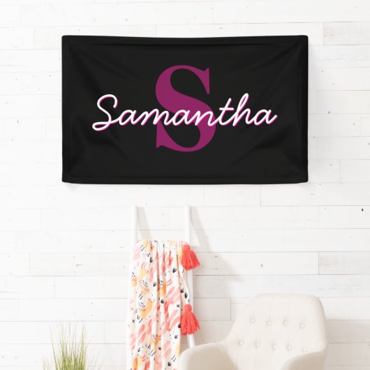 Schattige  Roze & Zwart Monogram Script Spandoek (Insitu)