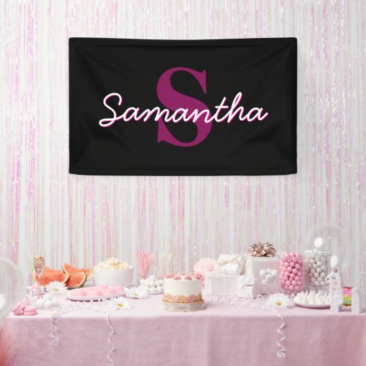 Schattige  Roze & Zwart Monogram Script Spandoek (Feest)