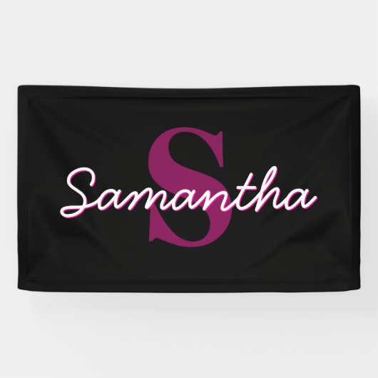 Schattige  Roze & Zwart Monogram Script Spandoek (Horizontaal)