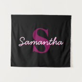 Schattige  Roze & Zwart Monogram Script Wandkleed (Voorkant (horizontaal))