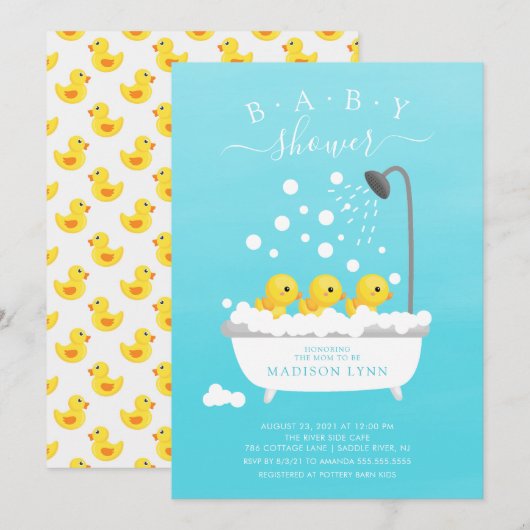 Schattige Rubber Duck Triplets Baby shower Uitnodi Kaart (Voorkant / Achterkant)