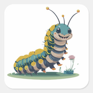 Schattige Rups Met Gelukkig Gezicht En Gebladerte Vierkante Sticker