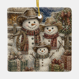 Schattige Rustieke Sneeuwmannen en Geruite Country Keramisch Ornament