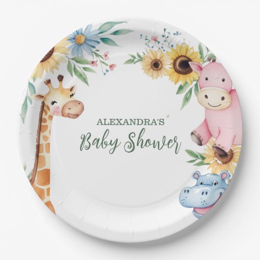 Schattige Safari Animal Greenery Baby shower Papieren Bordje (Voorkant)