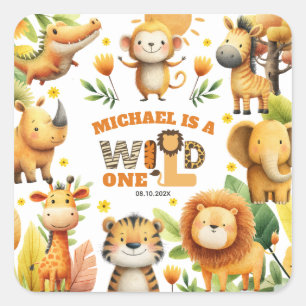 Schattige Safari Dieren Feestelijke WILD EEN 1e Ve Vierkante Sticker