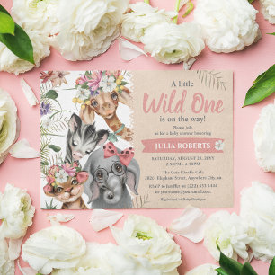 Schattige Safari Dieren Wild One Meisje Baby Showe Kaart