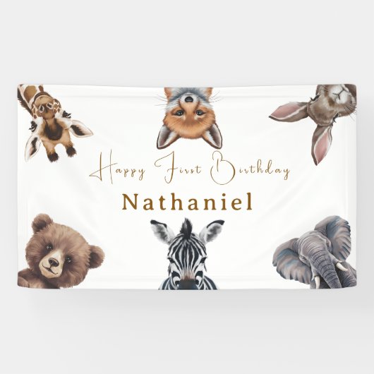 Schattige Safari Forest Animals Verjaardag Spandoek (Horizontaal)