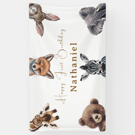 Schattige Safari Forest Animals Verjaardag Spandoek (Verticaal)