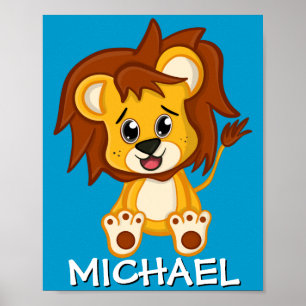 Schattige Safari Leeuw Cartoon Jungle Naam Blauw D Poster