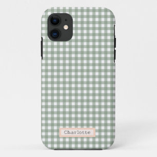 Schattige Sage Green Plaid Gepersonaliseerd iPhone 11 Hoesje