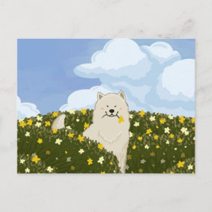 Schattige Samojedhond in Veld met Gele Bloemen (Bl Briefkaart