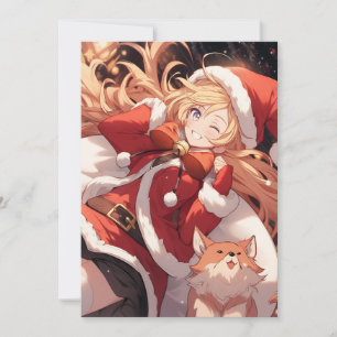Schattige Santa Anime Girl Bag of Gifts en Pet Dog Feestdagenkaart