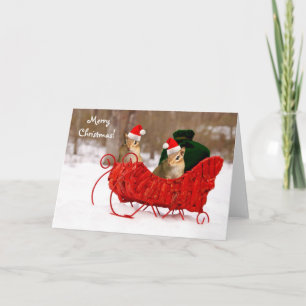 Schattige Santa Baby Chipmunks in Sleigh Kaart