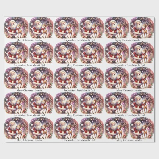 Schattige Santa Reindeer Voeg de naam van het kind Cadeaupapier (Vlak)