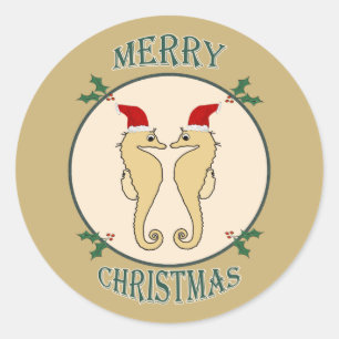 Schattige Santa Seahorse Pair Christmas Gold Ronde Sticker