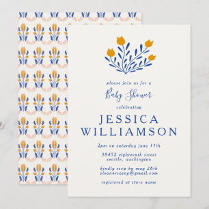 Schattige Scandi-Folk-Bloemen in Blauwe Baby Showe Kaart