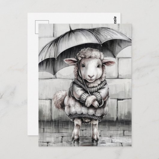Schattige schaap met paraplu zwart en wit briefkaart (Voorkant / Achterkant)