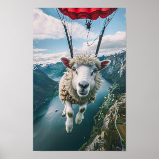 Schattige schapenparachutespringen: realistische G Poster