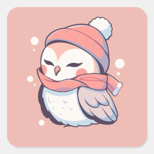 Schattige Schattig Roze Winter Kerstmis Uil Kawaii Vierkante Sticker