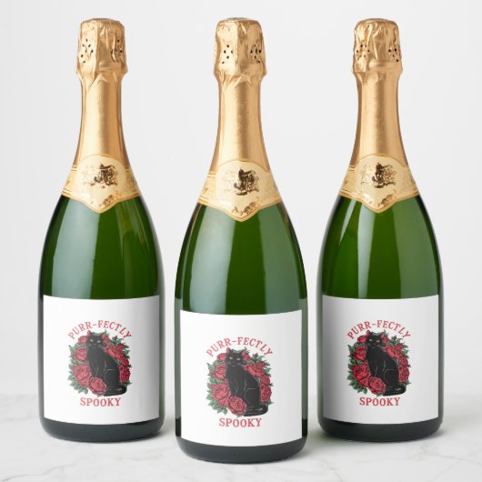 Schattige Schattigee Bloemen Zwarte Kat Puur Spook Sparkling Wijnetiket (Flessen)