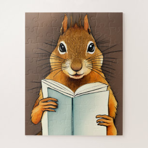 Schattige schets aquarel eekhoorn die een boek lee legpuzzel