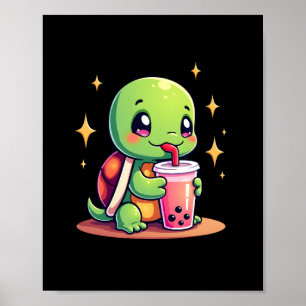 Schattige schildpad die boba drinkt. Grappige Boba Poster