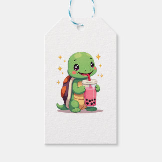Schattige schildpad drinkt boba. Grappige Boba-sch Cadeaulabel