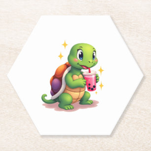 Schattige schildpad drinkt boba. Grappige Boba Sch Kartonnen Onderzetters