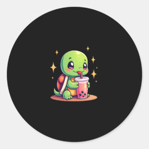 Schattige schildpad drinkt boba. Grappige Boba Sch Ronde Sticker