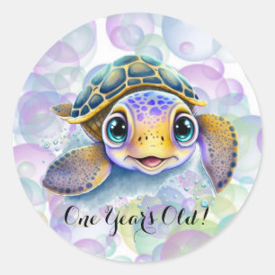 Schattige Schildpad met Bubbles 1st. verjaardagsfe Ronde Sticker