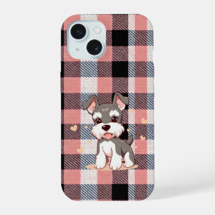 Schattige Schnauzer Hond Roze Plaid iPhone 15 Hoesje