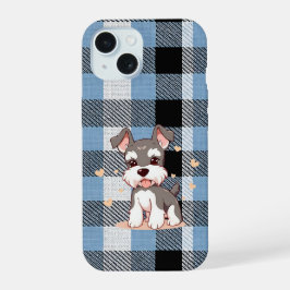 Schattige Schnauzerhond Blauwe Ruit iPhone 15 Hoesje