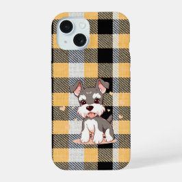 Schattige Schnauzerhond Gele Plaid iPhone 15 Hoesje