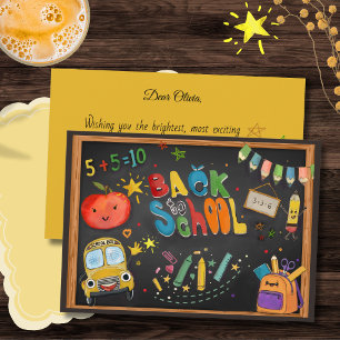 Schattige schoolbegroetingskaart met schoolbord feestdagenkaart